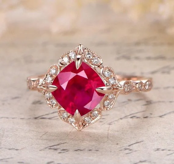 bespoke engagement rings -Vintage Antique Design 1.25 Carat Red Ruby and Moissanite Diamond Engagement Ring in 10k Rose Gold for Women on Sale