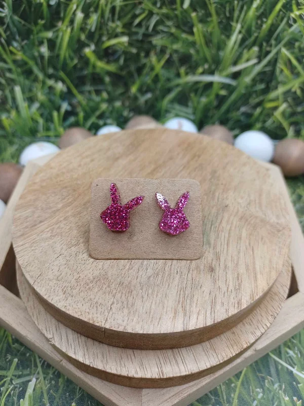 dangle earrings for women -Hot Pink Glitter Bunny Earrings