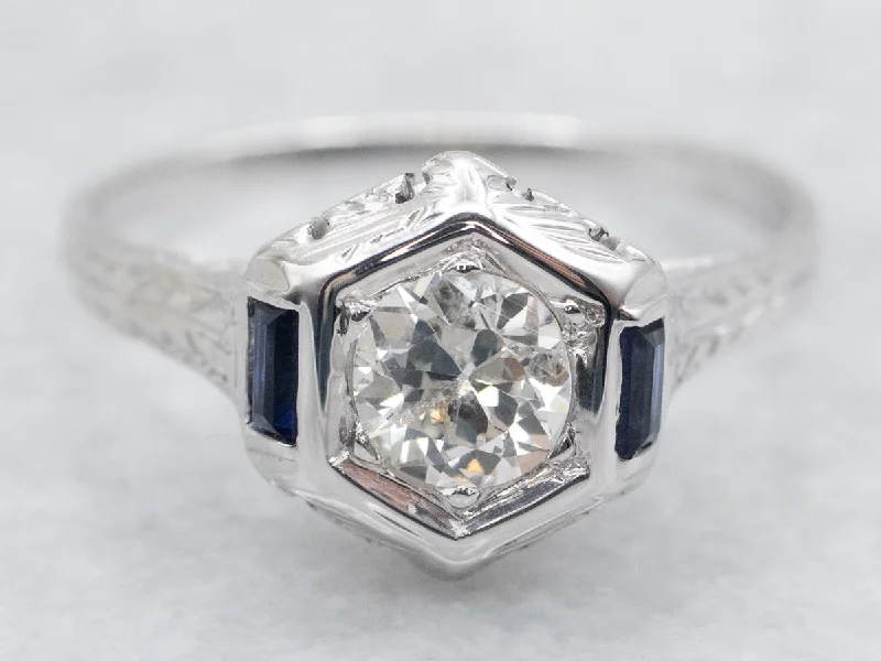 halo engagement rings for women -1920's European Cut Diamond and Synthetic Sapphire Engagement Ring