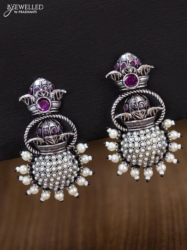 affordable diamond earrings for women -Oxidised earring with ruby stones and pearl