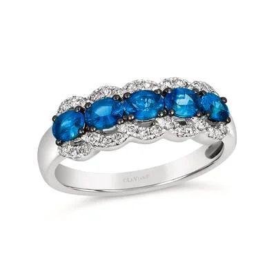 rose gold rings for women -14K White Gold 1.59ctw Oval Blue Sapphire & Nude Diamond Multi Row Band by Le Vian