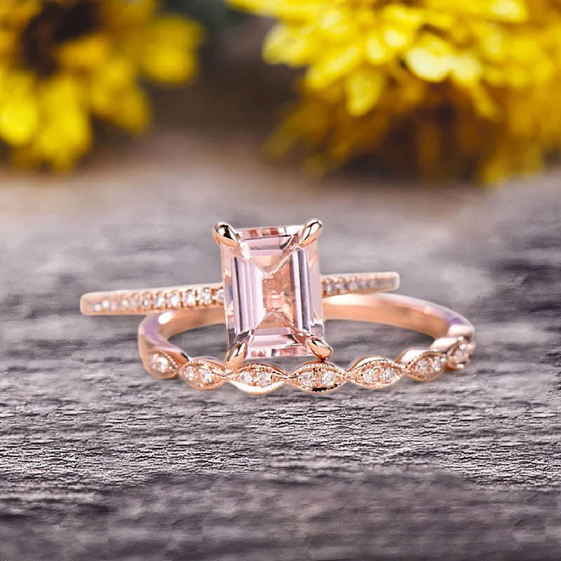 vintage-inspired engagement rings -Emerald Cut 1.50 Carat Morganite Engagement Ring On 10k Rose Gold Wedding Set Bridal Set Art Deco Gift For Her