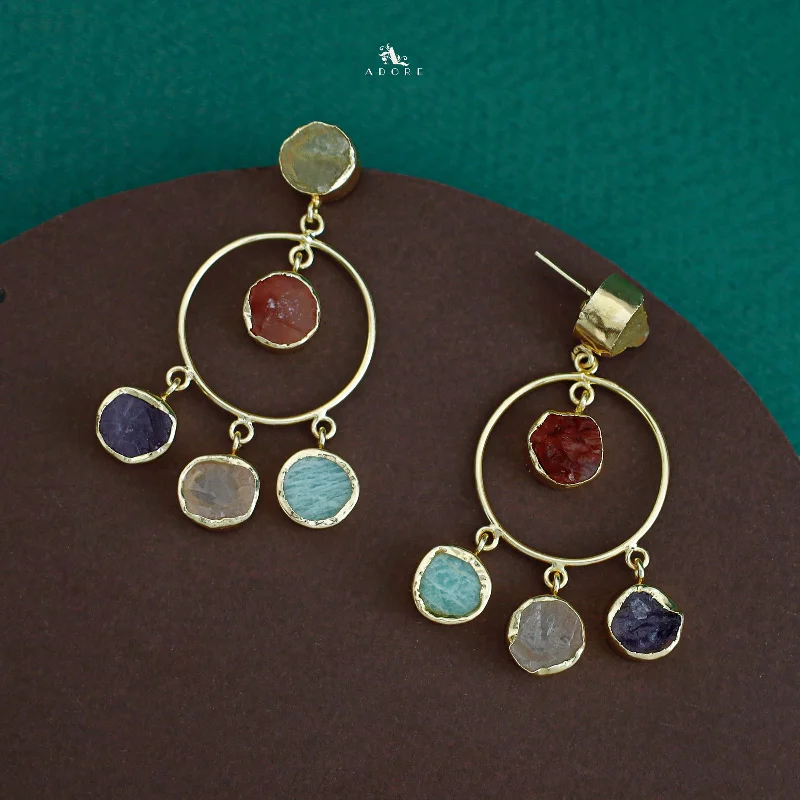 handmade gemstone earrings -Golden Circle + Multicolour Raw Stone Earring