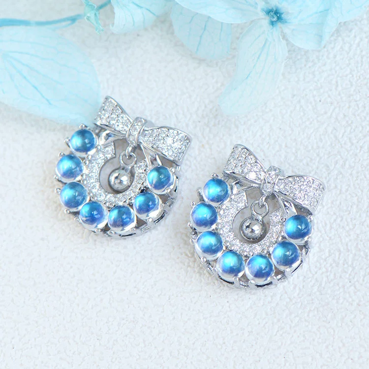 women’s trendy drop earrings -Genuine Blue Moonstone Silver Earrings Christmas Wreath Silver Stud Earrings For Women