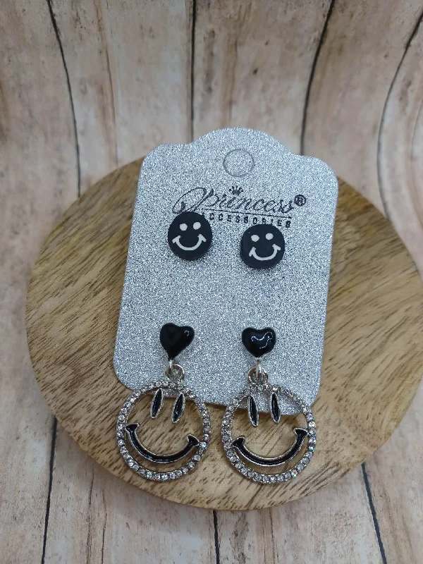 studded earrings for women -Black Happy Face Earrings