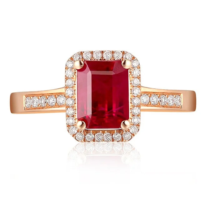 elegant engagement rings -1.50 Carat emerald cut Ruby and Moissanite Diamond Engagement Ring in Rose Gold