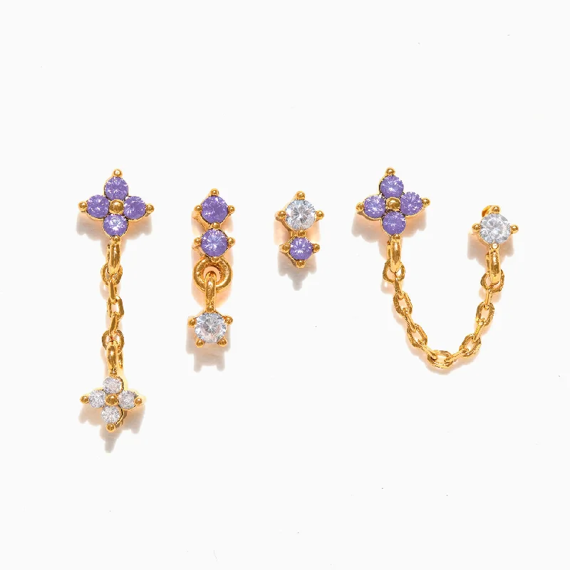 trendy gold earrings for women -Violet Blossom Stud Set