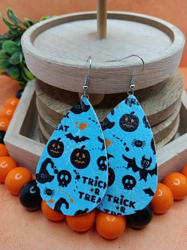 matching earrings for brides -Blue Trick or Treat Halloween Patterned Earrings