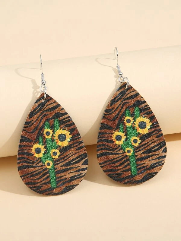 vintage-inspired earrings for women -Cactus & Sunflower Leather Style Earrings