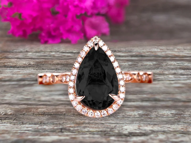 alternative engagement rings -1.50 Carat Pear Shape Black Diamond Moissanite Engagement Ring Art Deco Wedding Ring 10k Rose gold Milgrain Anniversary Ring with Halo Design