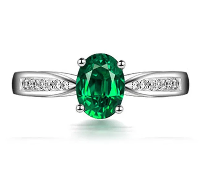 mixed metal engagement rings -1 Carat Green Emerald and Moissanite Diamond Engagement Ring in White Gold