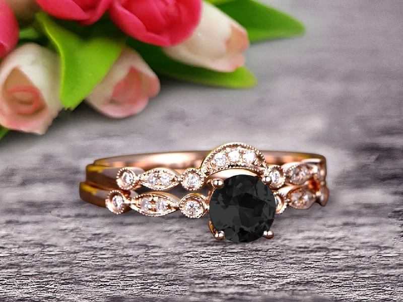 affordable custom engagement rings -Classic 10k Rose Gold 1.50 Carat Round Cut Black Diamond Moissanite Engagement Ring With Matching Wedding Band Anniversary Gift Art Deco