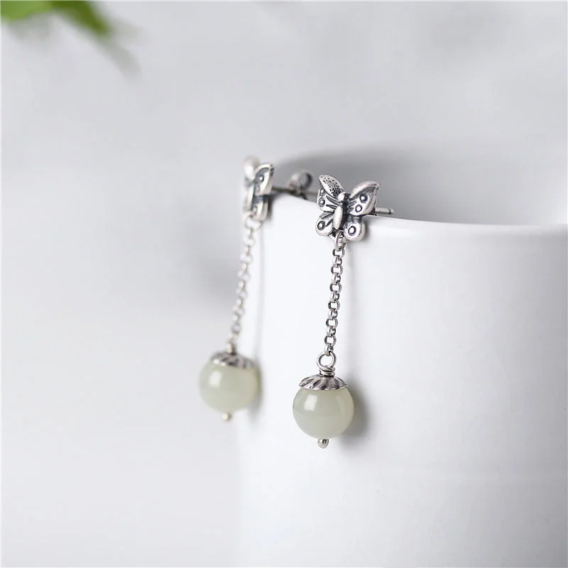 trendy earrings for women -Sterling Silver Dangle Earrings with Hetian Jade Handmade Jewelry Accessories Gift for Women