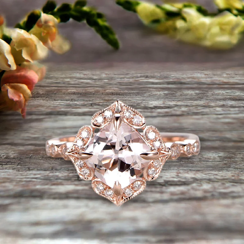 elegant diamond engagement rings -Milgrain Cushion Cut Morganite Engagement Ring 1.25 Carat Glaring Wedding Ring 10k Rose Gold Floral Art Deco