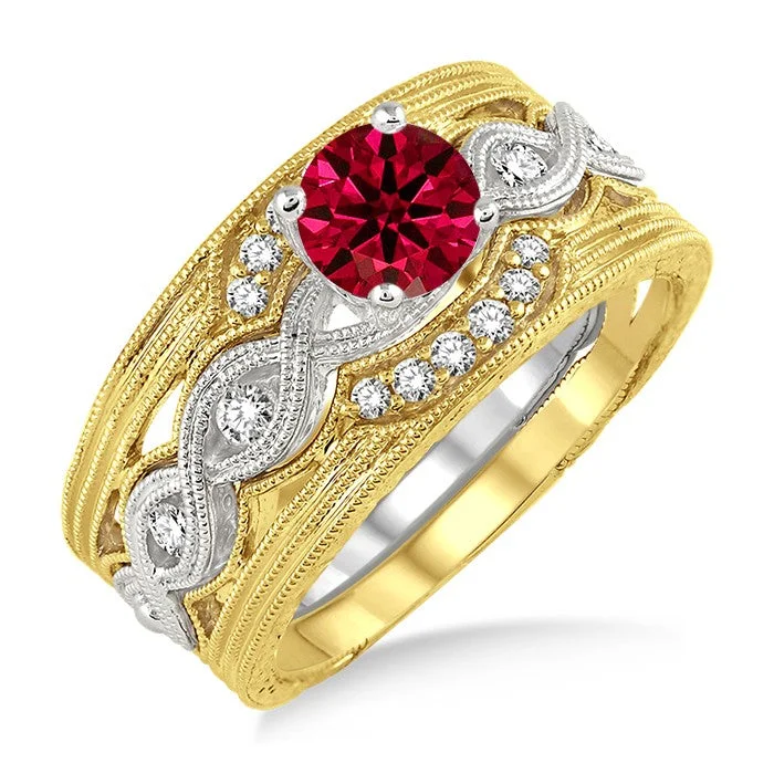 luxury engagement rings -1.25 Carat Ruby Vintage Trio Bridal Set Engagement Ring on 10k White Gold