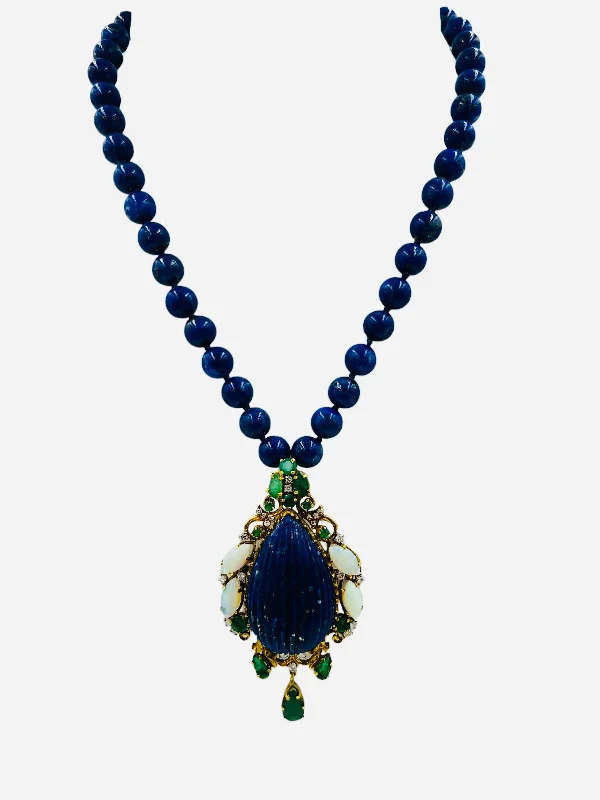 silver necklaces for women -Lapis Emerald Opal Diamond Yellow Gold Pendant Necklace Circa 1970s