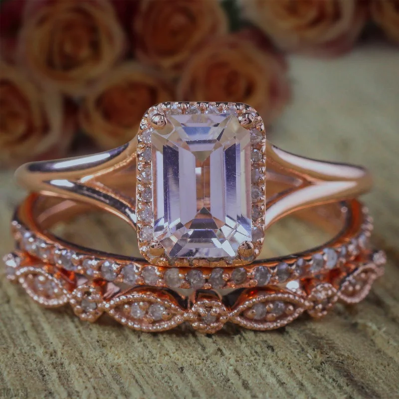 cubic zirconia engagement rings -Split Shank 2 Carat Emerald Cut Morganite And Diamond Moissanite Trio Ring Set 10k Rose Gold 1 Engagement Ring 2 Wedding Bands