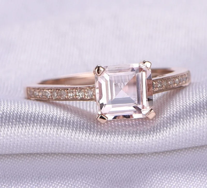 stylish engagement rings for women -Antique 1.25 Carat Princess Cut Morganite And Diamond Moissanite Engagement Ring in 10k Rose Gold For Women