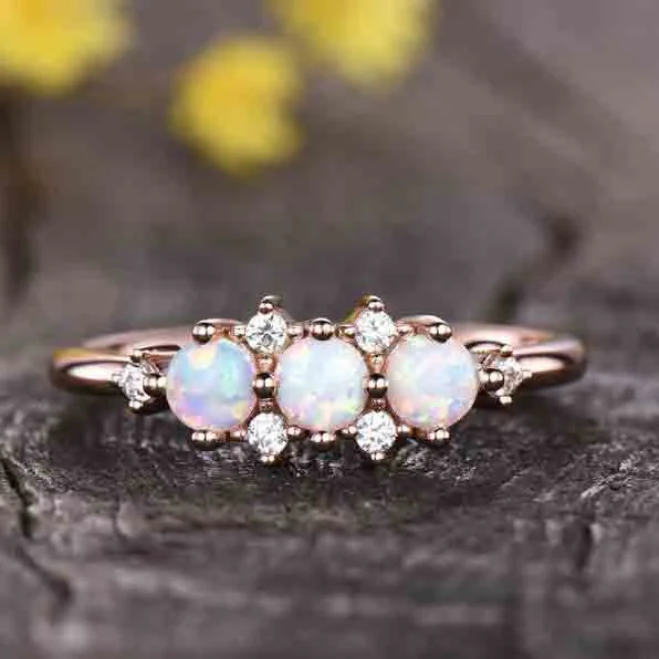 customized engagement rings -14K/18K Gold Antique White Opal Diamond Rose Gold Engagement Ring Three Stone