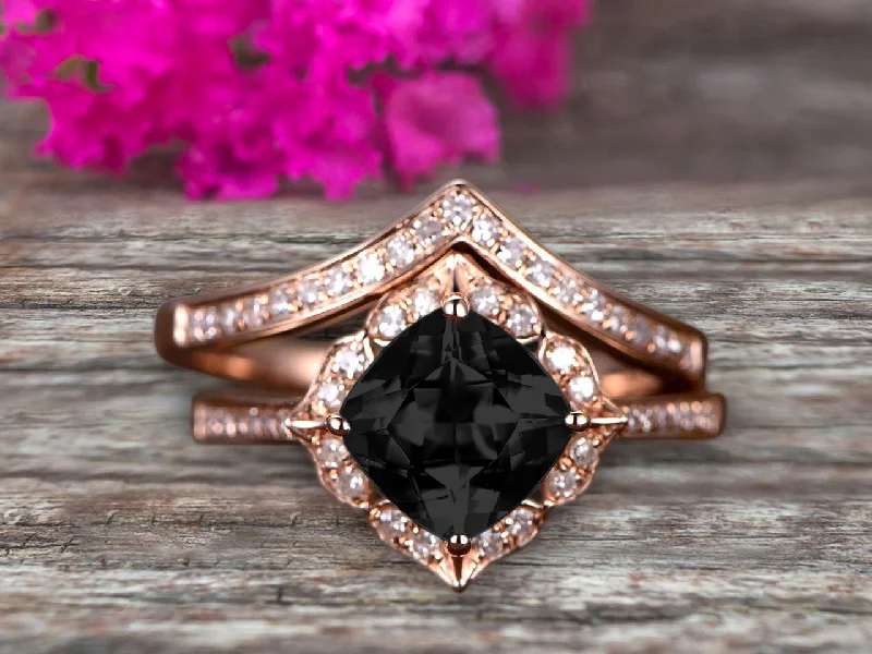 bespoke engagement rings -1.75 Carat Black Diamond Moissanite Engagement Ring On 10k Rose Gold With V-Shape Matching Wedding Band Anniversary Ring HALO Cushion Cut Black Diamond Moissanite