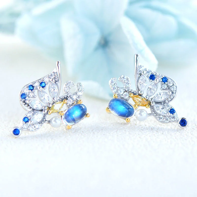 gemstone stud earrings for women -Butterfly Shaped Blue Moonstone White Gold  Plated Sterling Silver Stud Earrings For Women