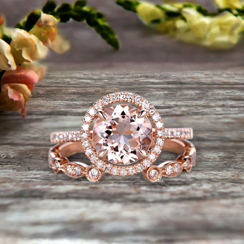 stylish engagement rings for women -2 Carat Round Cut Morganite 10k Rose Gold Wedding Set Half Eternity Ring Art Deco Stacking Band Engagement Ring Anniversary Gift Halo Milgrain