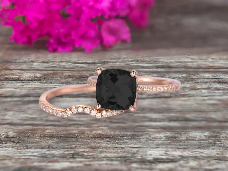 bridal set engagement rings -2Pcs Wedding Ring Set Cushion Cut 1.75 Carat Black Diamond Moissanite Engagement ring On 10k Rose gold Curved Wedding Band Personalized for Brides