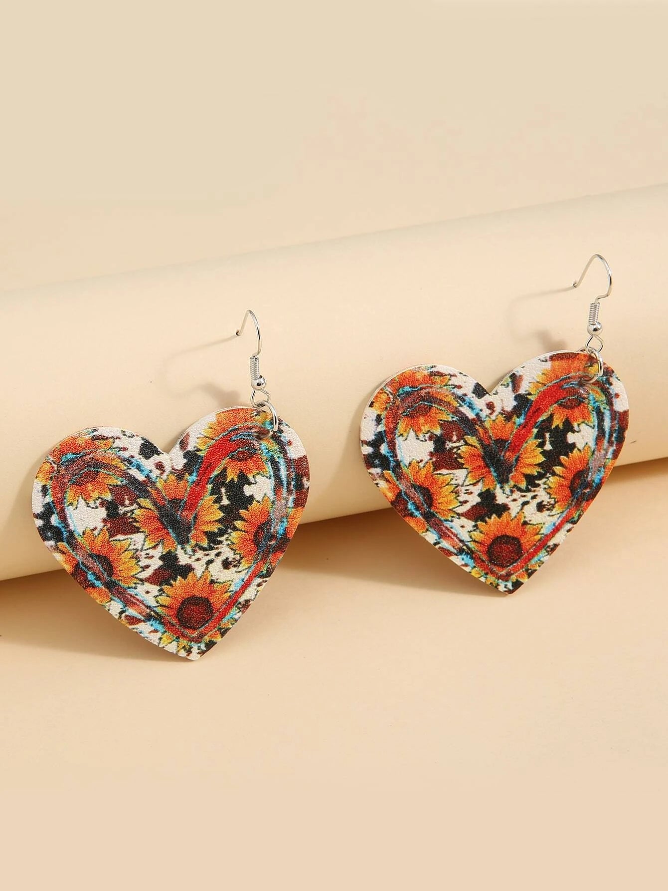 sapphire earrings for women -Sunflower Cow Print Leather Style Earrings