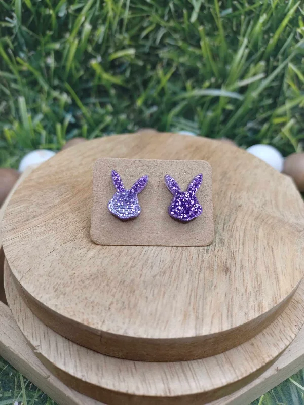 silver earrings for women -Purple Glitter Bunny Earrings