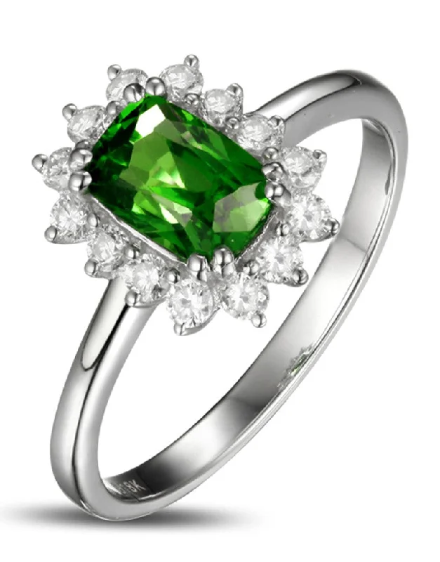 women’s engagement rings with colored stones -1.50 Carat perfect Emerald and Moissanite Diamond Halo Engagement Ring for Women in White Gold