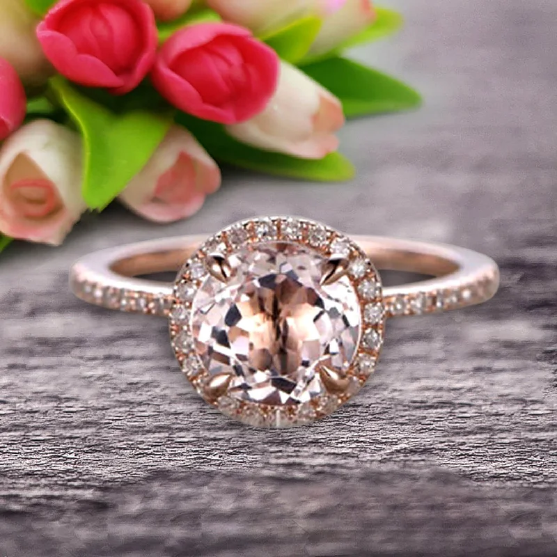 simple engagement rings for women -Round Cut 1.50 Carat Morganite Engagement Ring Wedding Ring On 10k Rose Gold Halo Art Deco Anniversary Gift