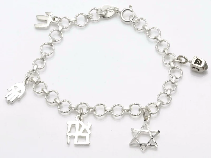 women’s cuff bangles -Sterling Silver Jewish Symbol Charm Bracelet Judaica