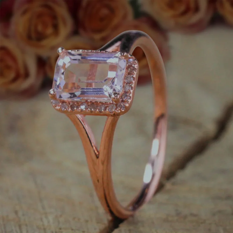 unique sapphire engagement rings -Emerald Cut 1.25 Carat Peach Pink Morganite And Diamond Moissanite Split Shank Halo Engagement Ring in 10k Rose Gold