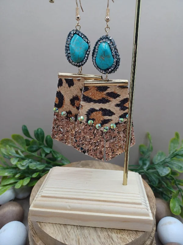 silver earrings for women -Tan Leopard Earrings w/ Mermaid Rhinestones & Turquoise Crackle Stone