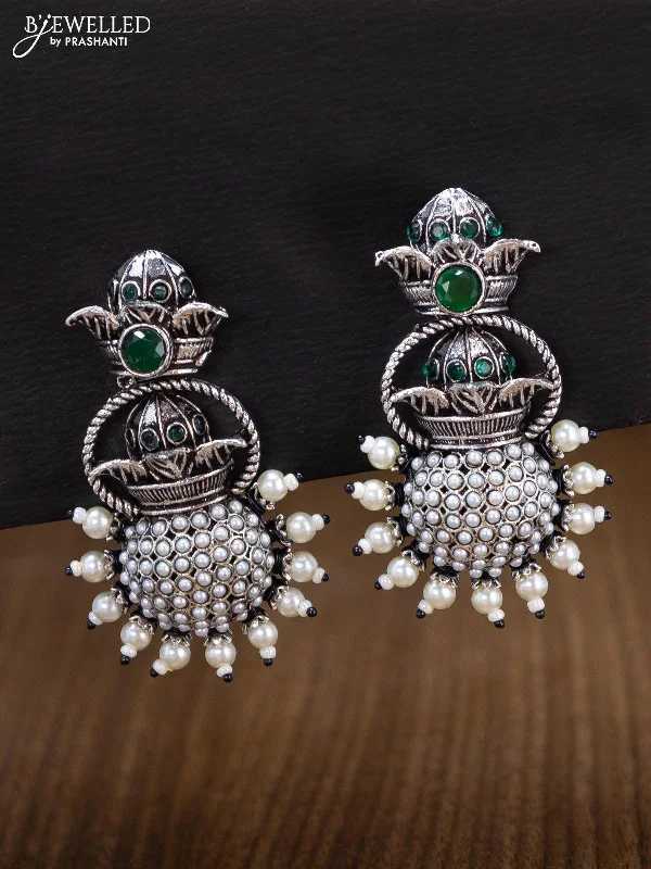 women’s chandelier earrings -Oxidised earring with emerald stones and pearl