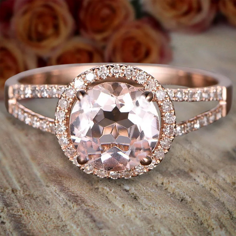 classic princess cut engagement rings -Split Shank Antique Halo 1.50 Carat Round Cut Morganite And Diamond Moissanite Halo Engagement Ring 10k Rose Gold