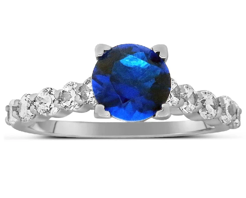 engagement rings with colored diamonds -Luxurious 1.50 Carat Round Blue Sapphire and Moissanite Diamond Engagement Ring in White Gold