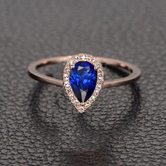 vintage engagement rings for women -1.25 Carat Blue Sapphire and Moissanite Diamond Engagement Ring in 10k Rose Gold for her