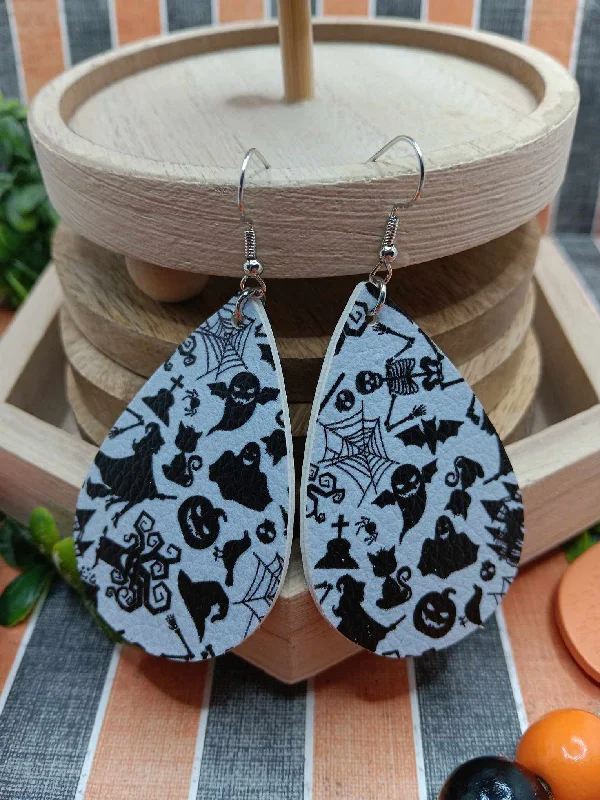 crystal earrings for women -Grey Halloween Patterned Earrings w/ Witches, Ghost, & Jack O' Lanterns