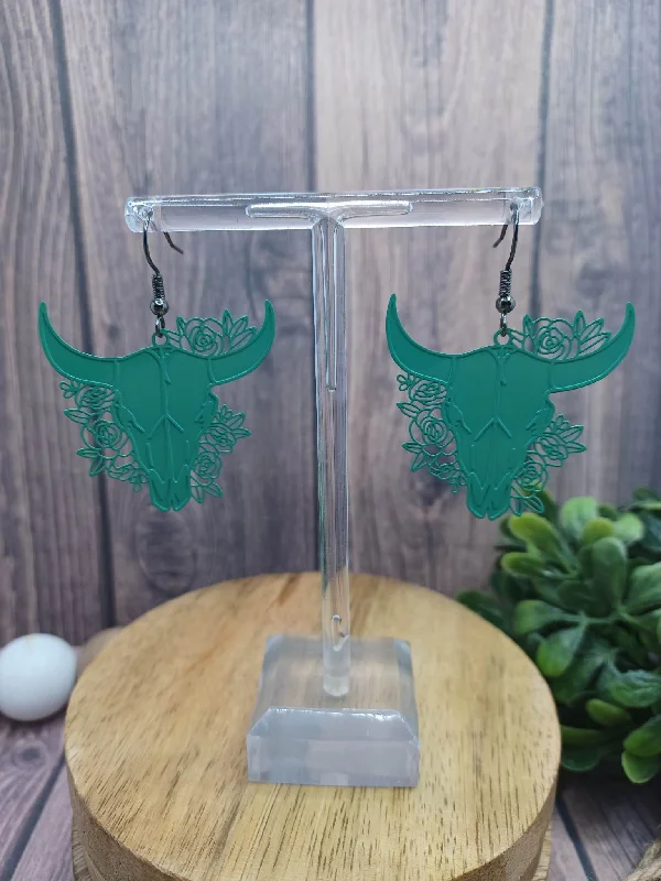 flower earrings for women -Teal Bull Skull Earrings