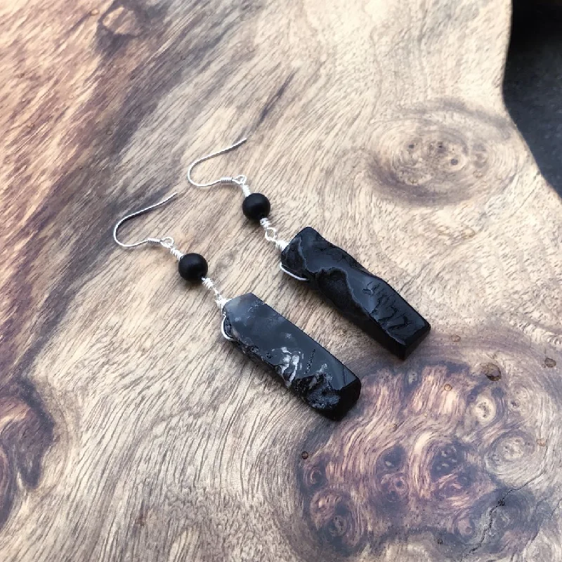 custom-made earrings for women -Handmade Raw Gemstone Onyx Drop Earrings in Silver Unique Jewelry for Women Men