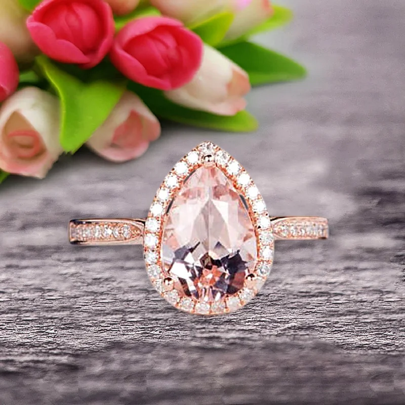 luxury engagement rings -Pear Shape 1.50 Carat Morganite Engagement Ring On 10k Rose Gold Halo Wedding Anniversary Promise Bridal Eternity Ring