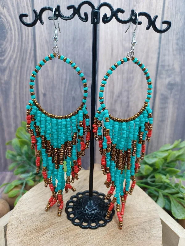 intricate design earrings for women -Turquoise, Copper, & Red Seabeaded Earrings