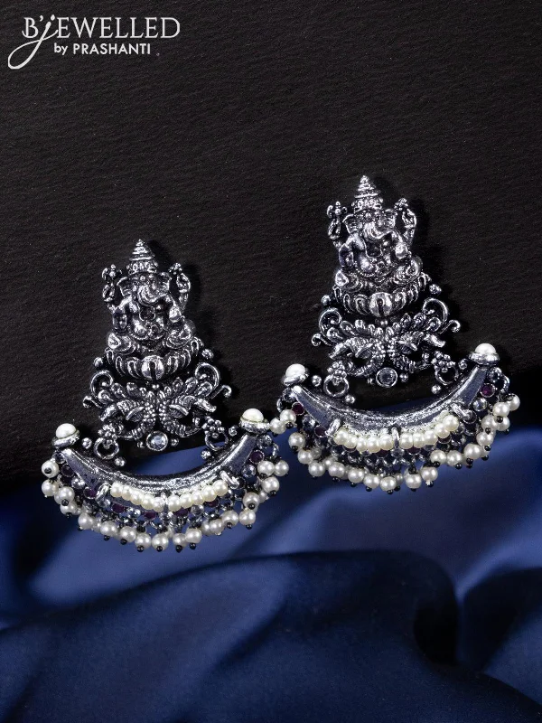 custom-made earrings for women -Oxidised Earrings ganesha design with ruby & cz stones and pearl hangings