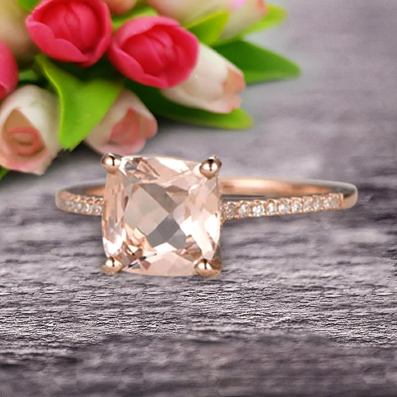 halo engagement rings for women -Cushion Cut 1.50 Carat Morganite Engagement Ring Wedding Ring 10k Rose Gold Unique Basket Prongs