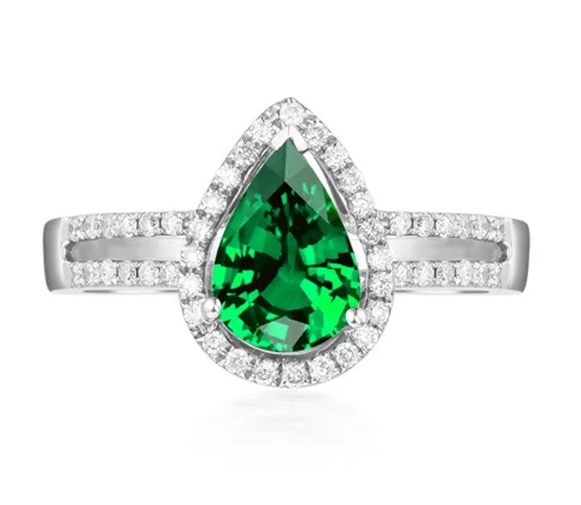 women’s stackable engagement rings -2 Carat Emerald and Moissanite Diamond Halo Engagement Ring in White Gold