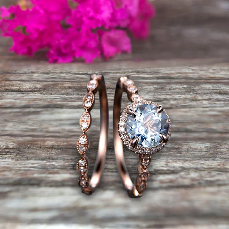 radiant engagement rings -1.75 Carat Round Cut Aquamarine Engagement Ring Set 10k Rose Gold Matching Wedding Band Bridal Set