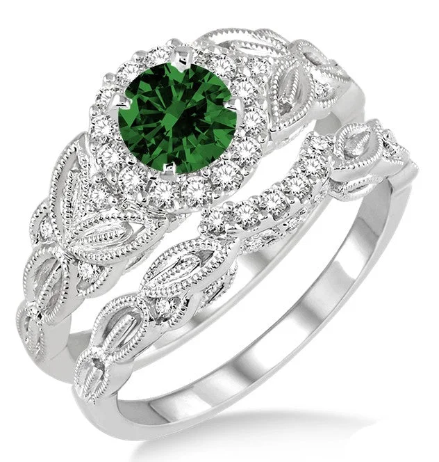 women’s engagement rings with colored stones -1.25 Carat Emerald Vintage floral Bridal Set Engagement Ring on 10k White Gold