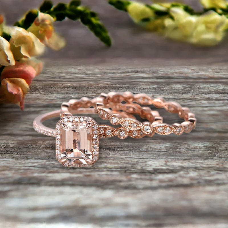 women’s engagement rings with emeralds -Milgrain Trio Set Emerald Cut Morganite Wedding Set Engagement Ring Anniversary Ring 14k Rose Gold Art Deco Shining Startling Ring