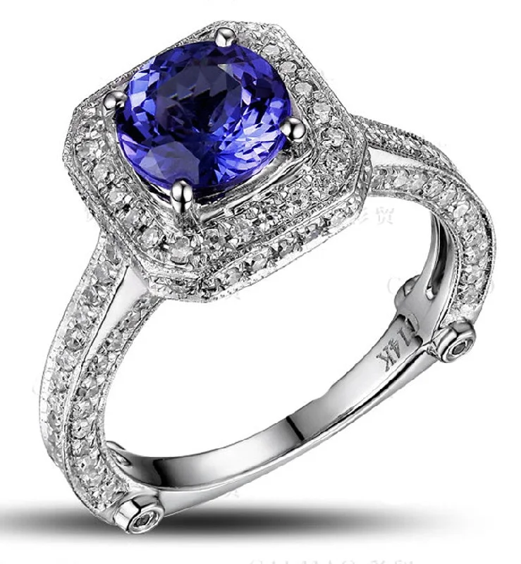 vintage-inspired engagement rings -Closeout Sale Bestselling 1.50 Carat Antique Halo Engagement Ring with Blue Sapphires and Moissanite Diamond in White Gold